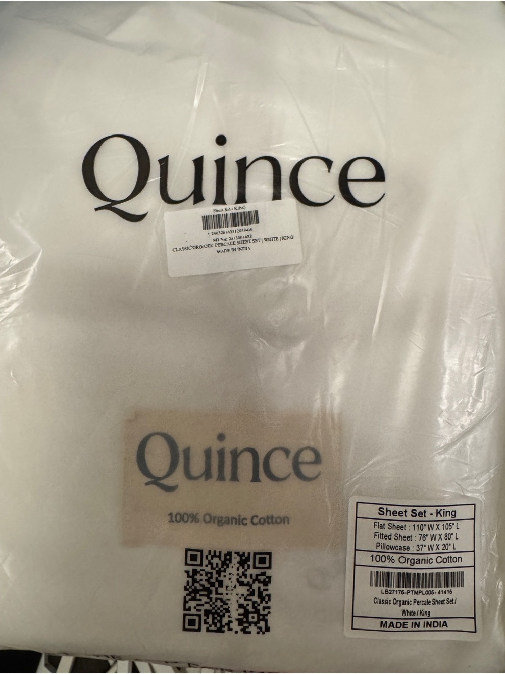 Quince Classic Organic Percale White King Sheet Set